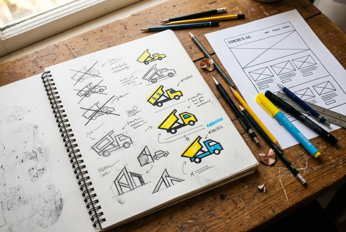 Design-Prozess: Logo-Skizzen und Website-Wireframes für Zapfbeton